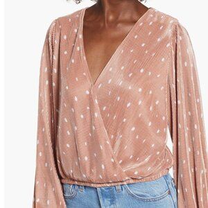 ASTR the Label Pleated Long Sleeve Blush Pink Polka Dot Surplice Top Size Medium
